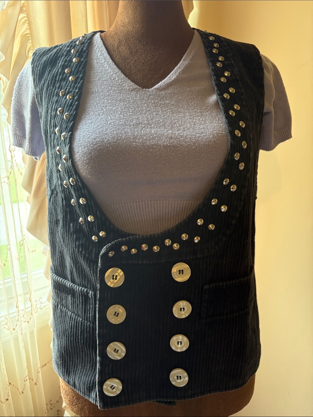Free People x Tricia Fix Black Corduroy Studded Button Vest